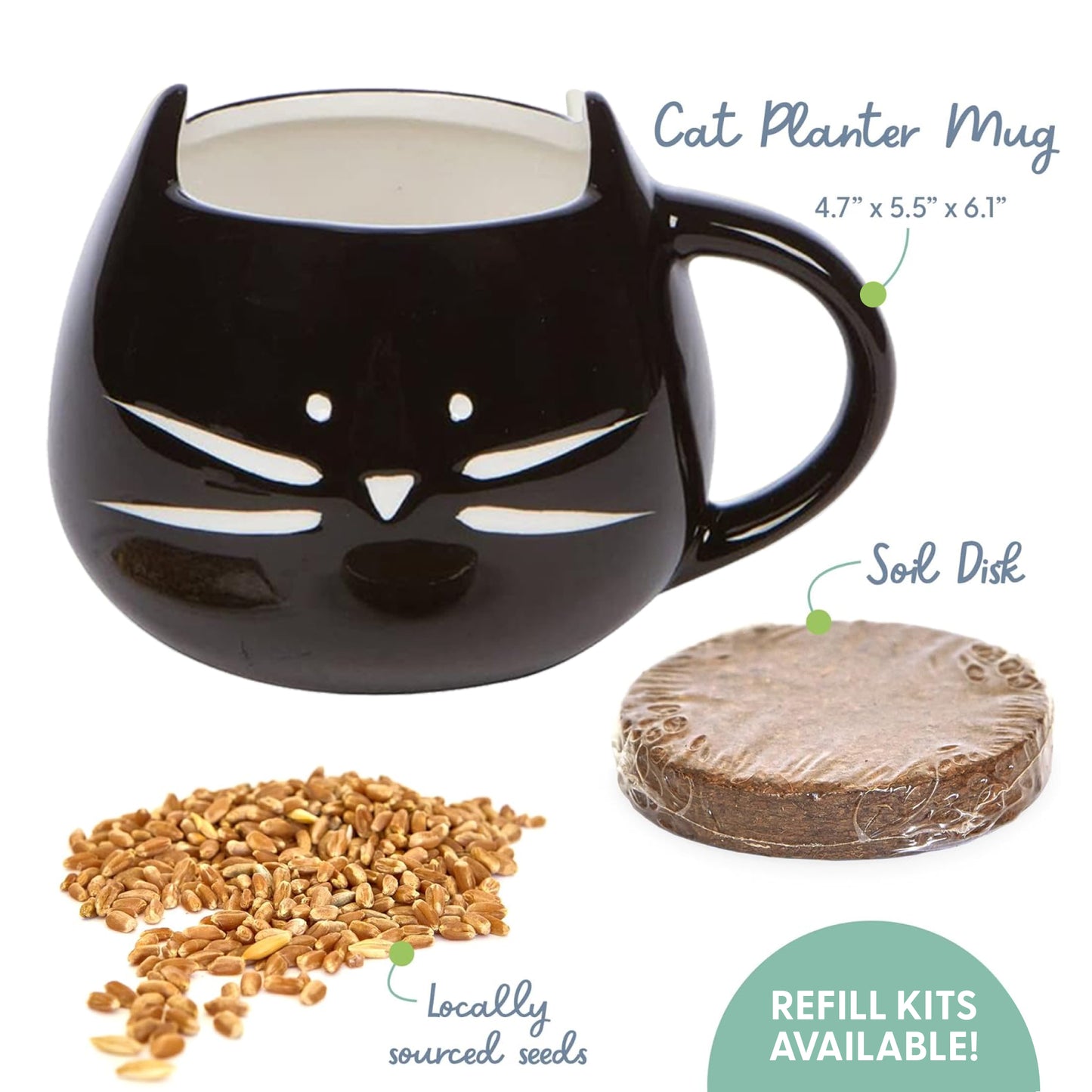 Cat Grass Growing Kit with Organic Seed - Black Cat Mug Planter