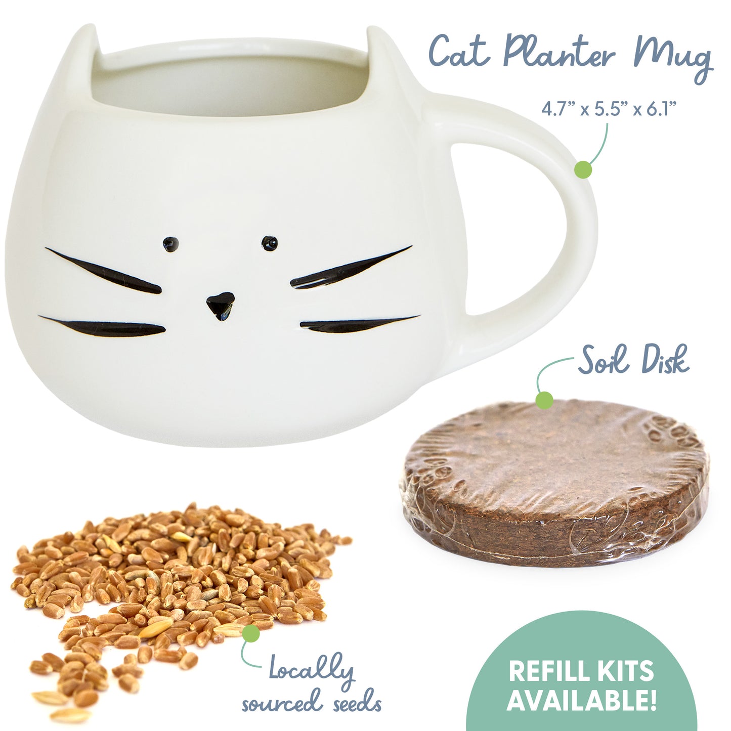 Cat Grass Growing Kit with Cat Grass Seed - White Cat Mug Planter
