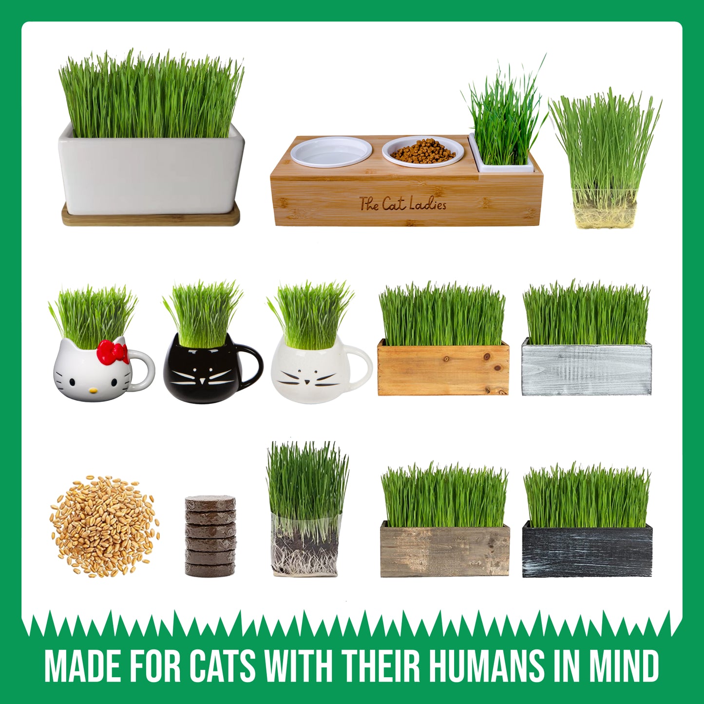 Ceramic Planter With Bamboo Tray Cat Grass Kit