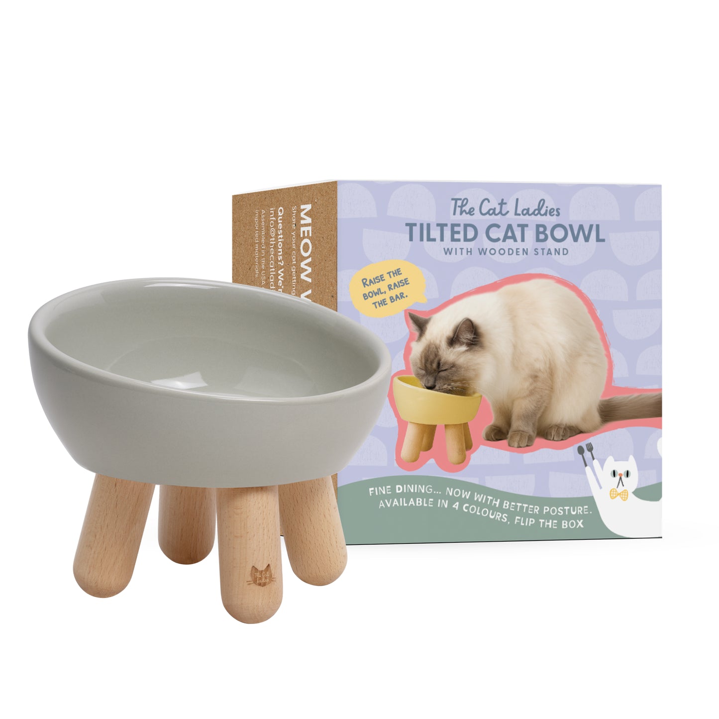 Tilted Ceramic Cat Bowl - Light Grey