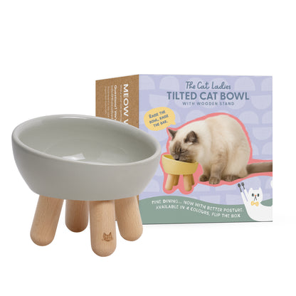 Tilted Ceramic Cat Bowl - Light Grey