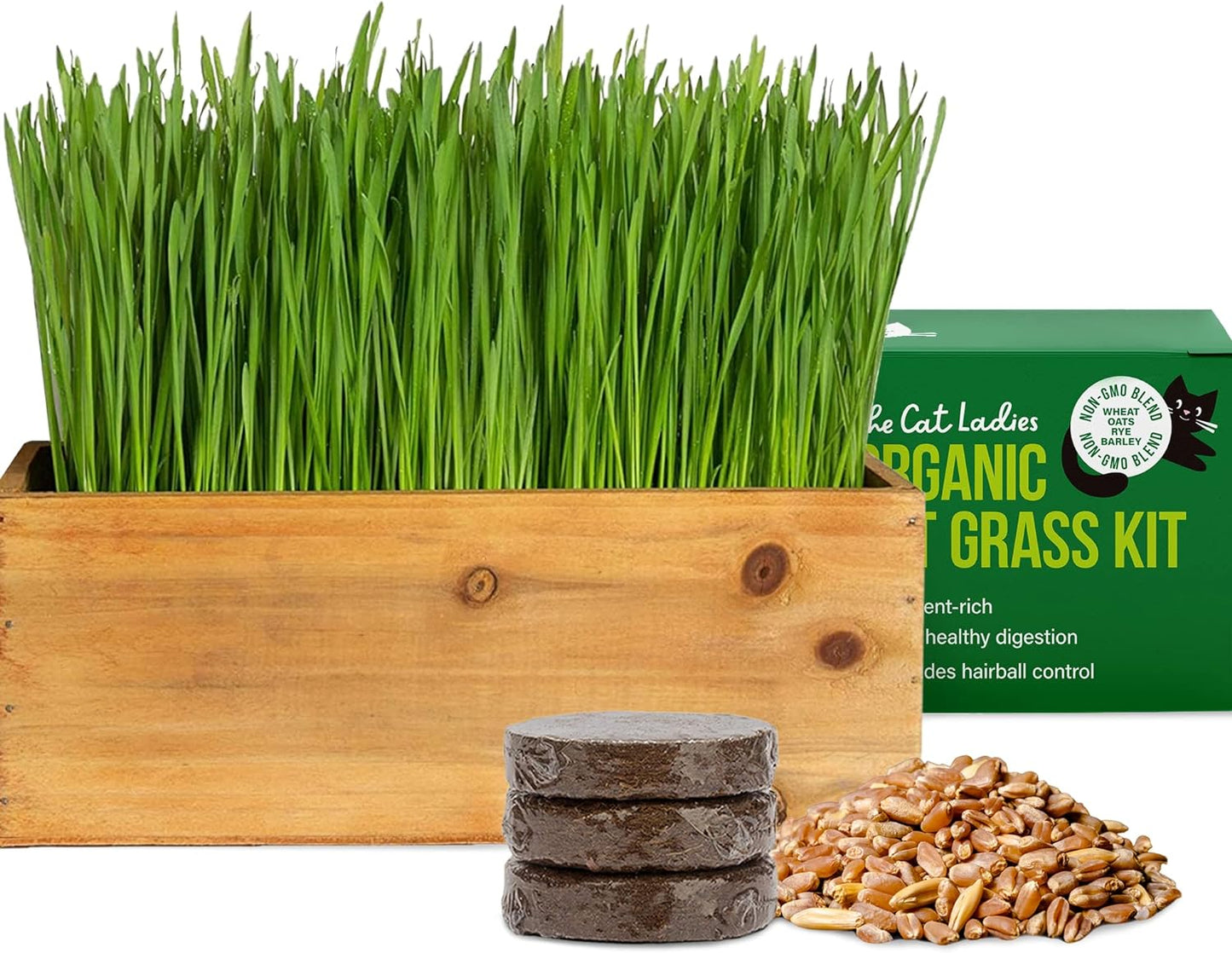 Cat Grass Growing Kit with Seeds (Organic) - Rustic Wood Planter