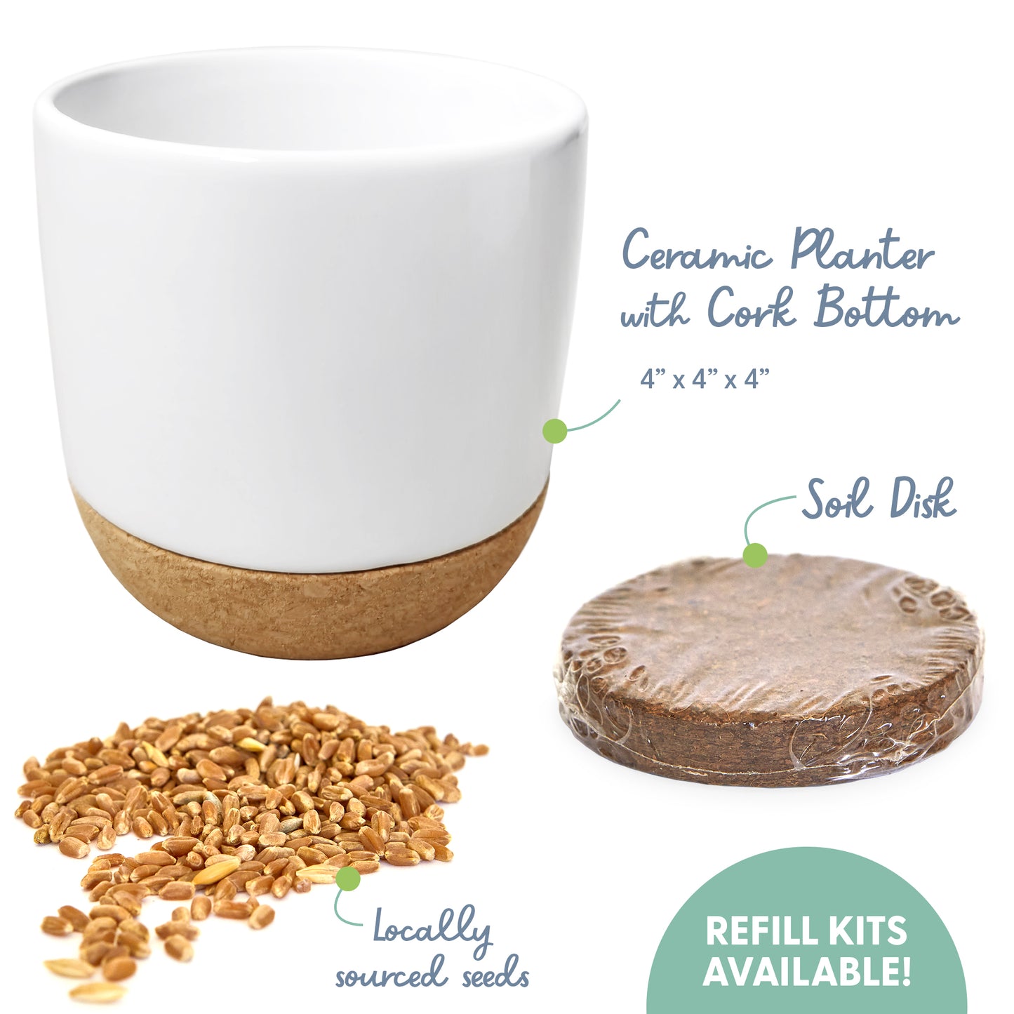Ceramic & Cork Planter Cat Grass Kit