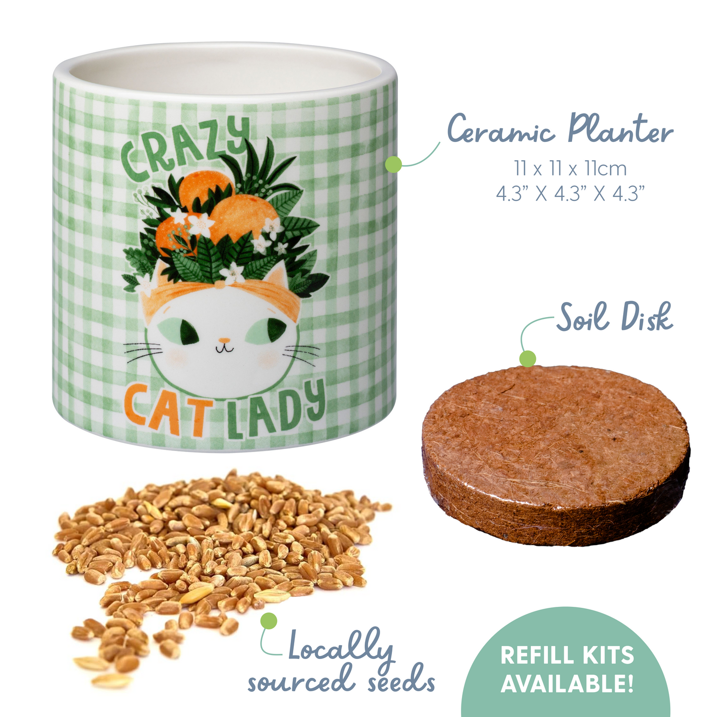 Planet Cat Crazy Cat Lady Ceramic Cat Grass Kit