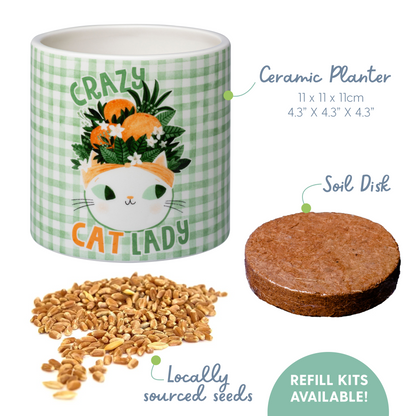 Planet Cat Crazy Cat Lady Ceramic Cat Grass Kit