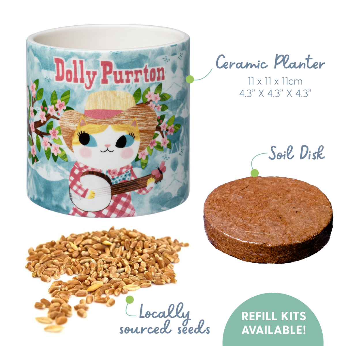 Planet Cat Dolly Purrton Ceramic Cat Grass Kit