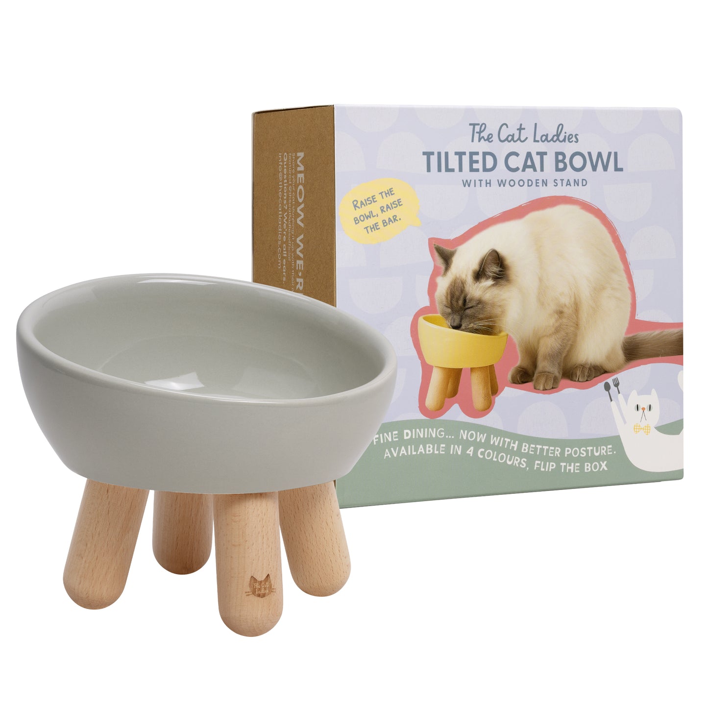 Tilted Ceramic Cat Bowl - Light Grey