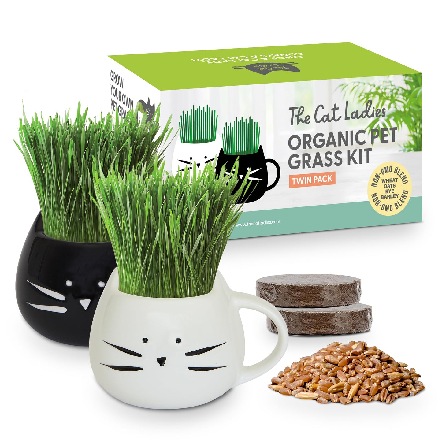 The Cat Ladies Cat Grass Growing Kit with Organic Seed Mix & Soil - Two Cat Planters