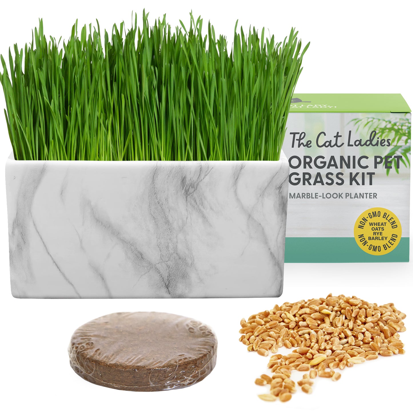 Cat Grass Growing Kit - Cat Grass Seed Starter Kit (Marble-look Ceramic Planter)