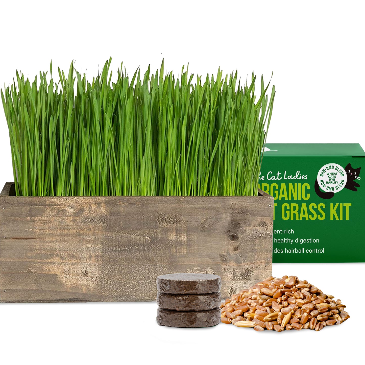 Cat Grass Kit with Organic Cat Grass Seeds - Rustic Wood Planter (Dark Brown)