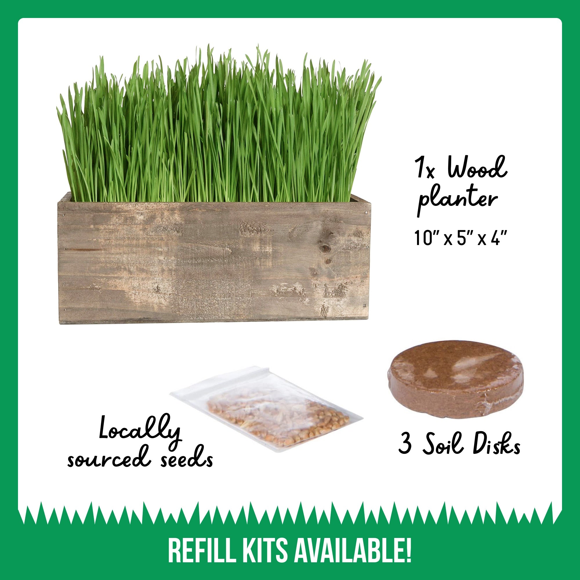 Cat Grass Kit (Organic) Complete with Rustic Wood Planter, Seed and Soil - Dark Brown